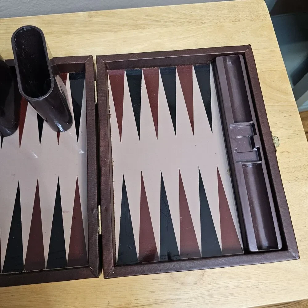 Vintage Travel Backgammon Set Faux Leather Folding Case Complete w/ Dice Cups